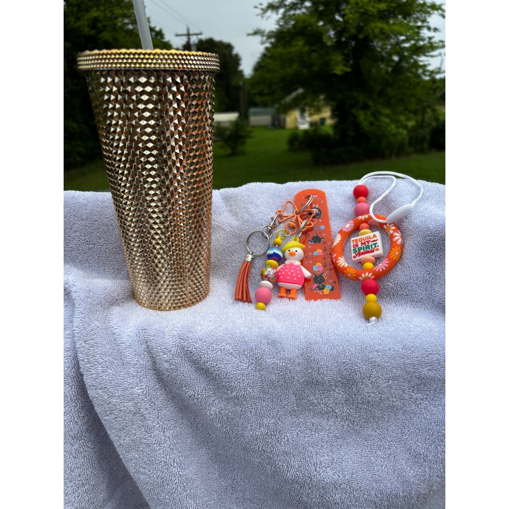 Gold Studded Tumbler 24oz with Duck Keychain and Tequila Spirit Animal Charm Set